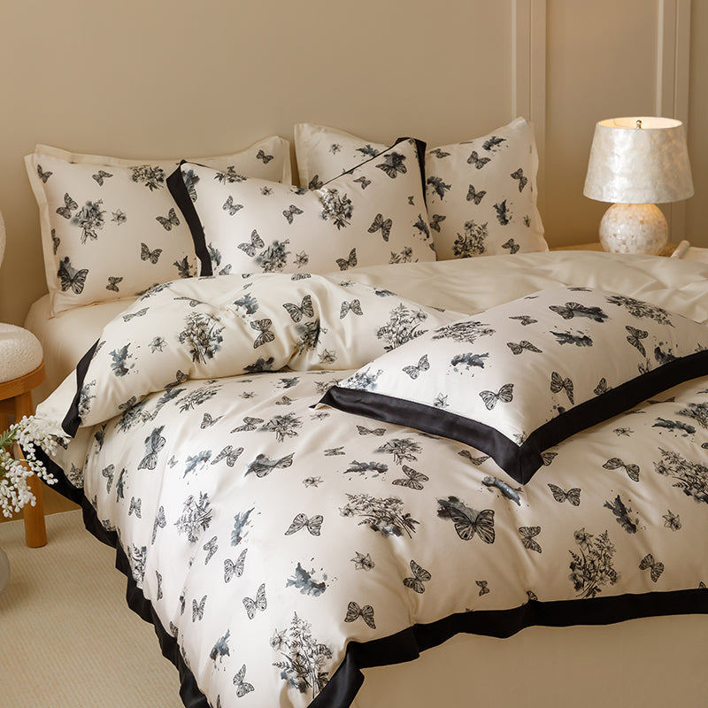 Black & White Butterfly French Ruffle Bedding Set