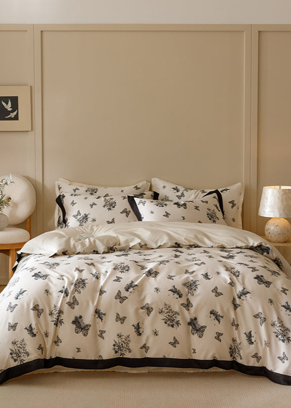 Black & White Butterfly French Ruffle Bedding Set