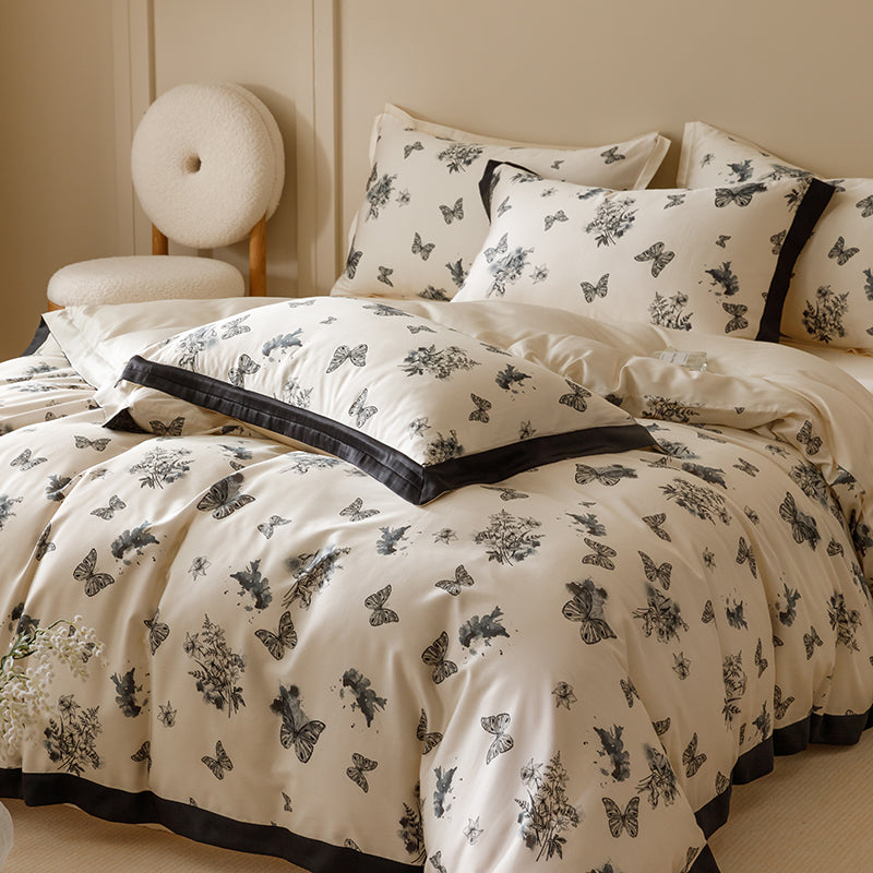 Black & White Butterfly French Ruffle Bedding Set