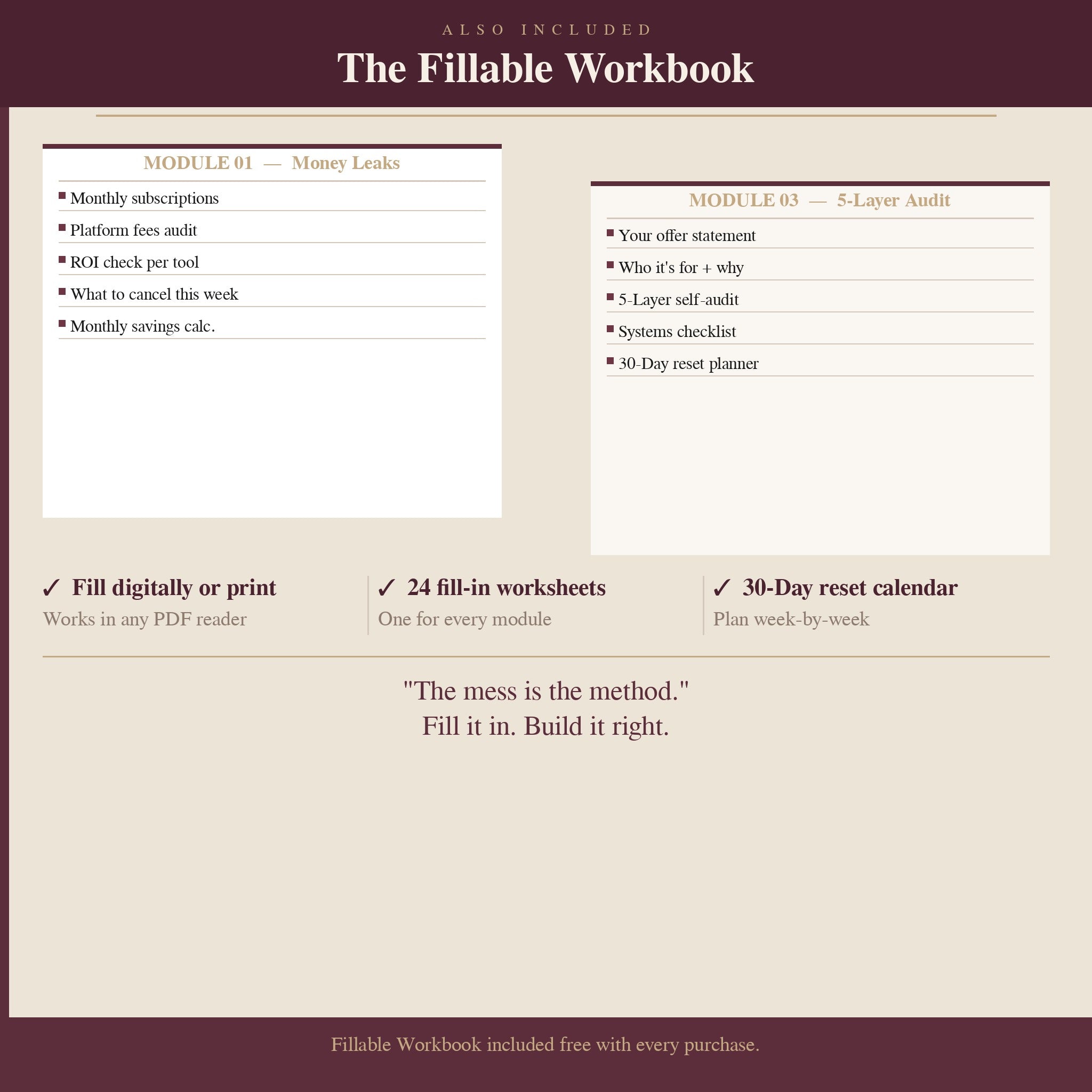 Fillable PDF workbook included with The Creative Brand Reset — 24 worksheets, 30-day planner by SETH 2°17