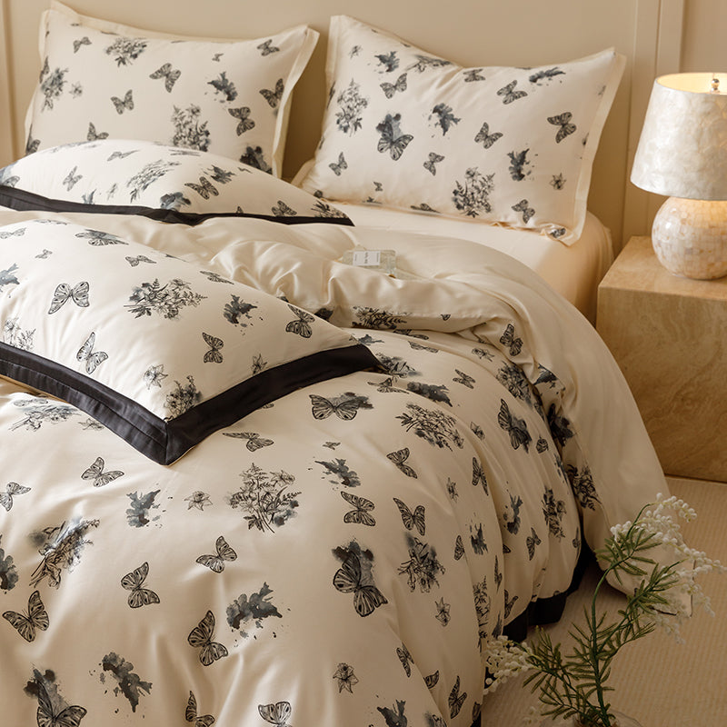 Black & White Butterfly French Ruffle Bedding Set