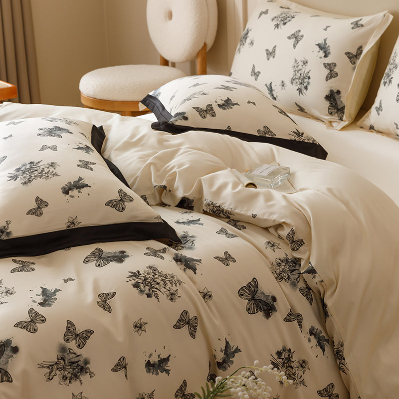 Black & White Butterfly French Ruffle Bedding Set