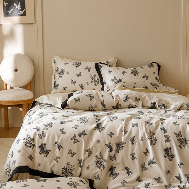 Black & White Butterfly French Ruffle Bedding Set