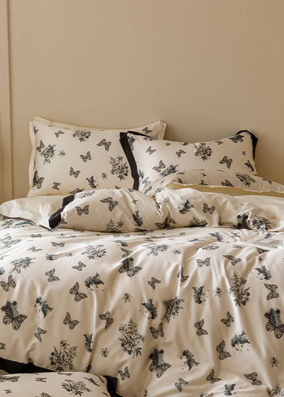 Black & White Butterfly French Ruffle Bedding Set