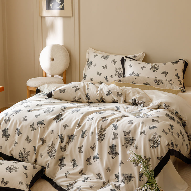 Black & White Butterfly French Ruffle Bedding Set