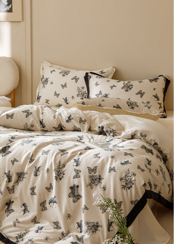Black & White Butterfly French Ruffle Bedding Set