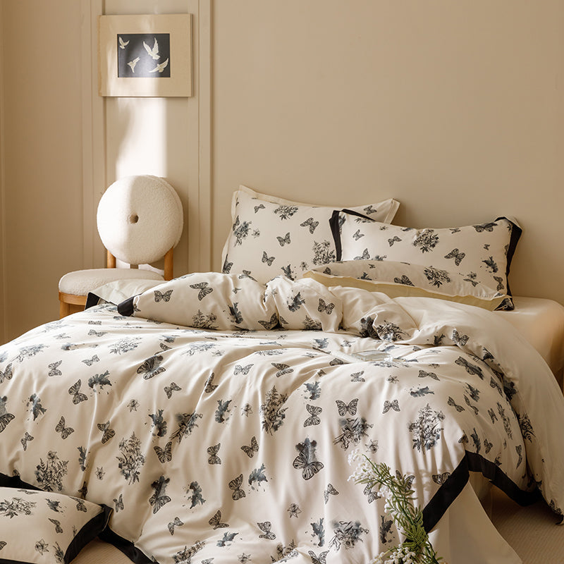 Black & White Butterfly French Ruffle Bedding Set