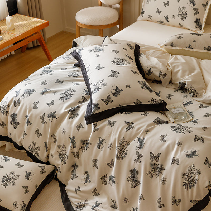 Black & White Butterfly French Ruffle Bedding Set