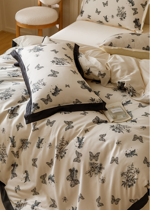 Black & White Butterfly French Ruffle Bedding Set