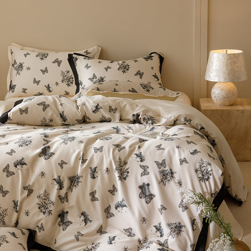 Black & White Butterfly French Ruffle Bedding Set