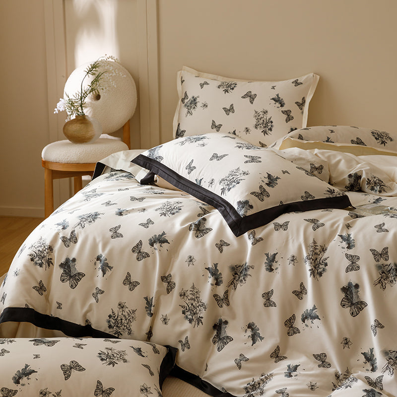 Black & White Butterfly French Ruffle Bedding Set