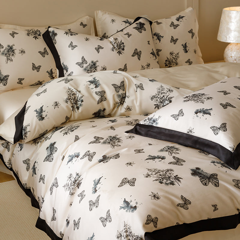 Black & White Butterfly French Ruffle Bedding Set