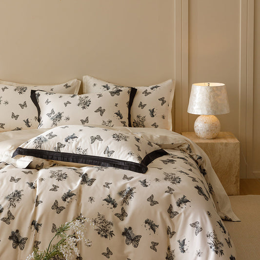 Black & White Butterfly French Ruffle Bedding Set