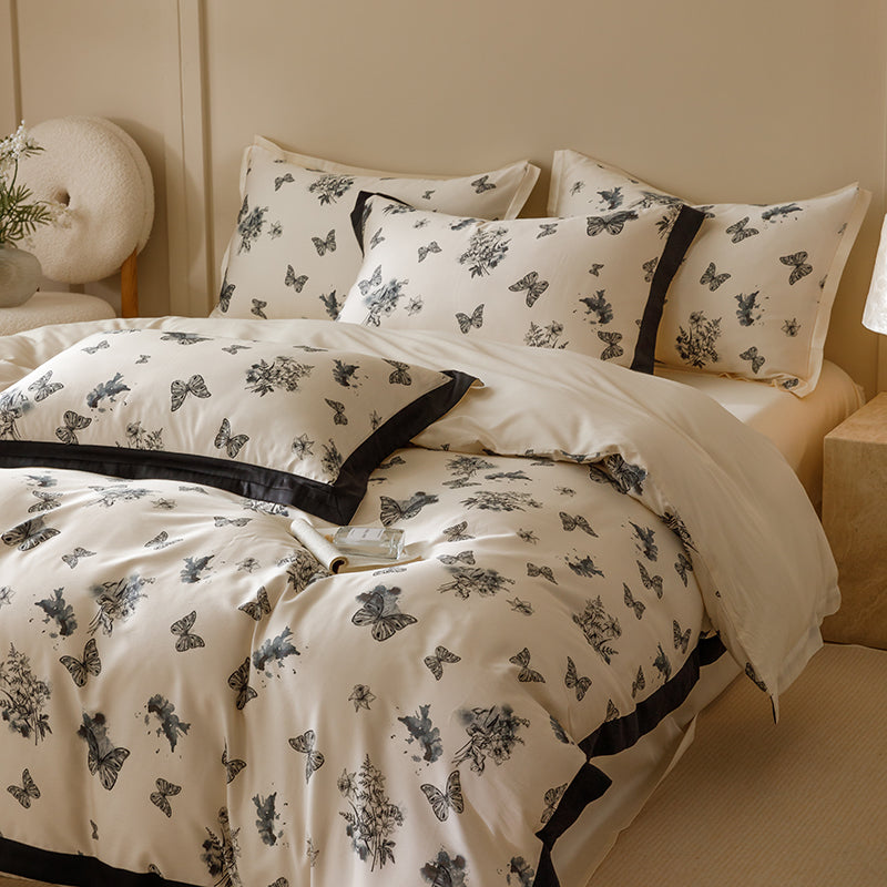 Black & White Butterfly French Ruffle Bedding Set