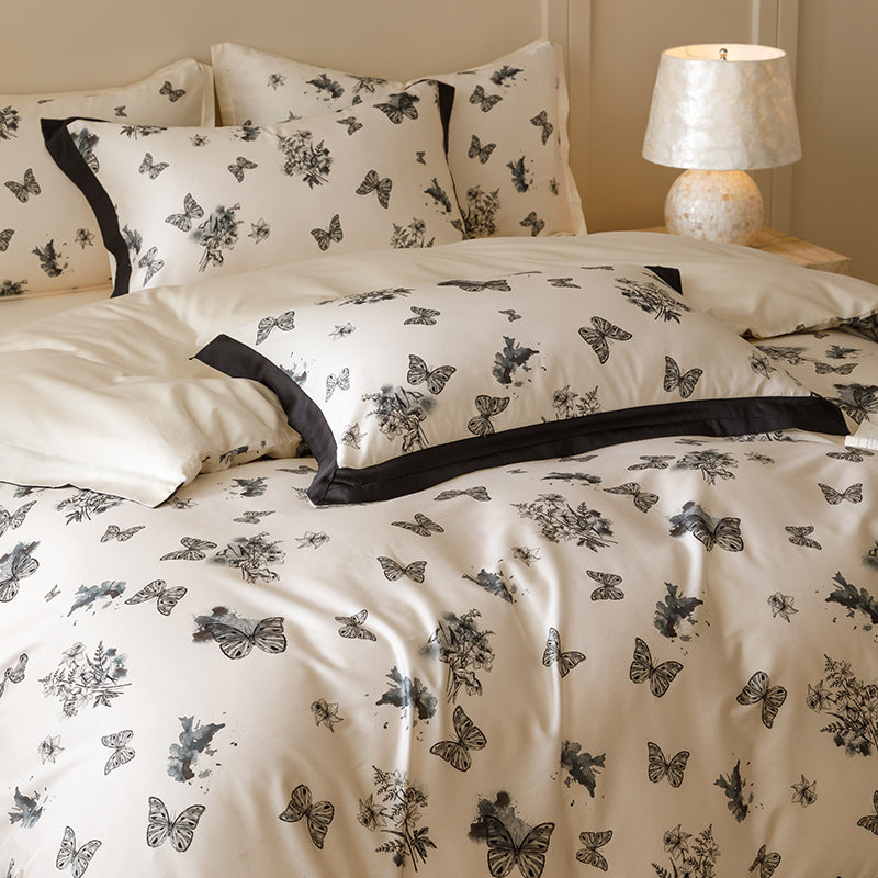Black & White Butterfly French Ruffle Bedding Set