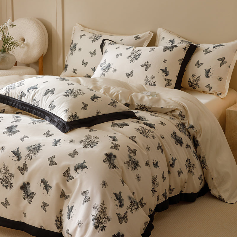 Black & White Butterfly French Ruffle Bedding Set