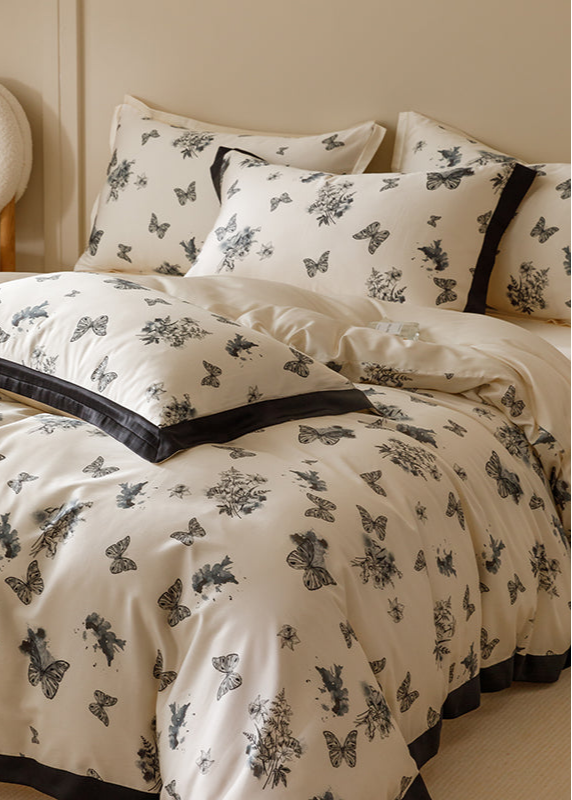 Black & White Butterfly French Ruffle Bedding Set