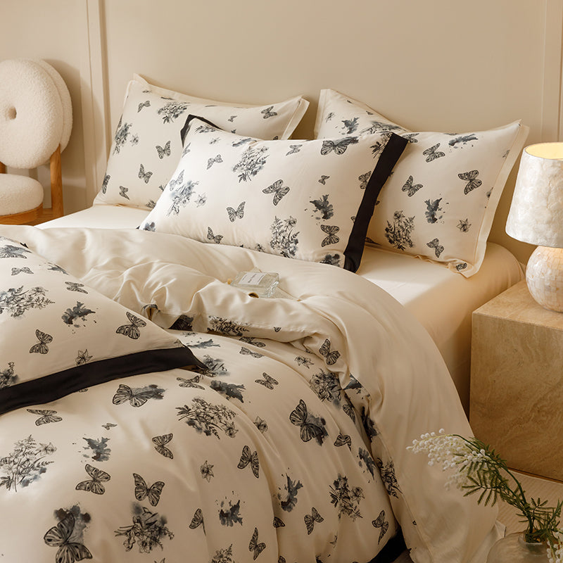 Black & White Butterfly French Ruffle Bedding Set