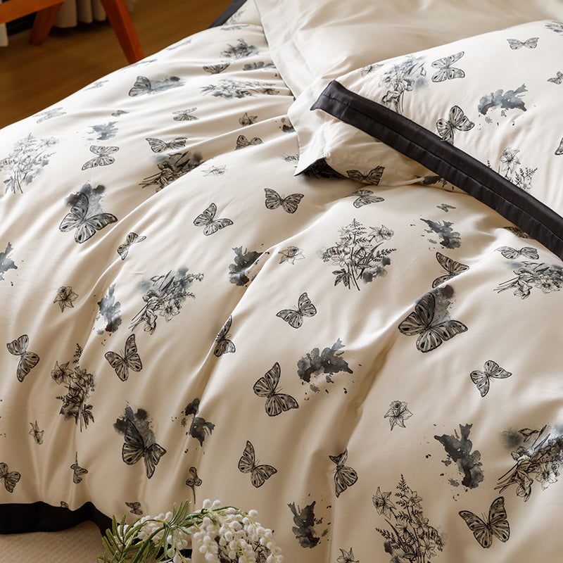 Black & White Butterfly French Ruffle Bedding Set