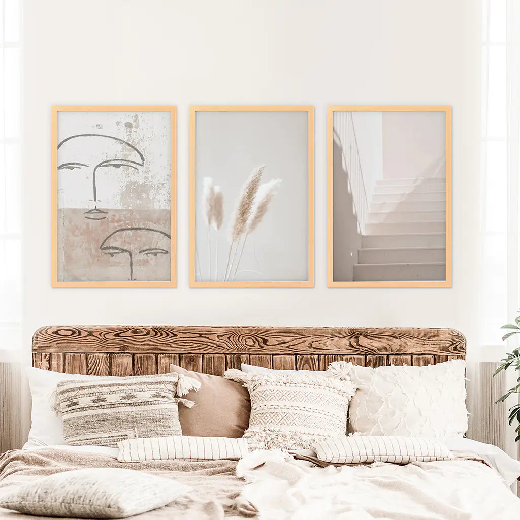 Boho Minimalist Wall Art Set. Abstract Faces, Grass, Stairs