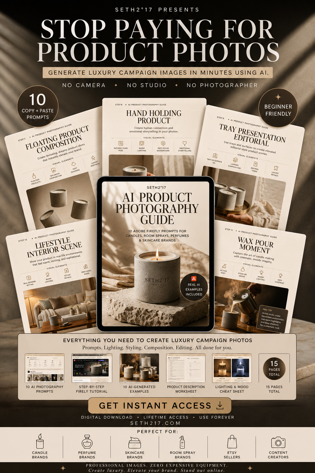 Promotional graphic for AI product photography guide with various product photos and text.