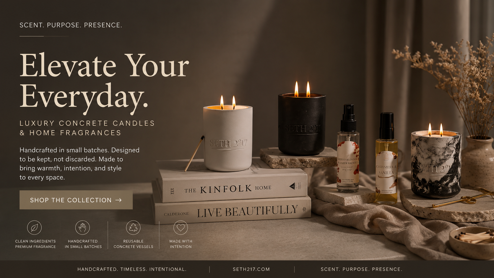 Candle and home fragrance products with text 'Elevate Your Everyday' on a dark background.