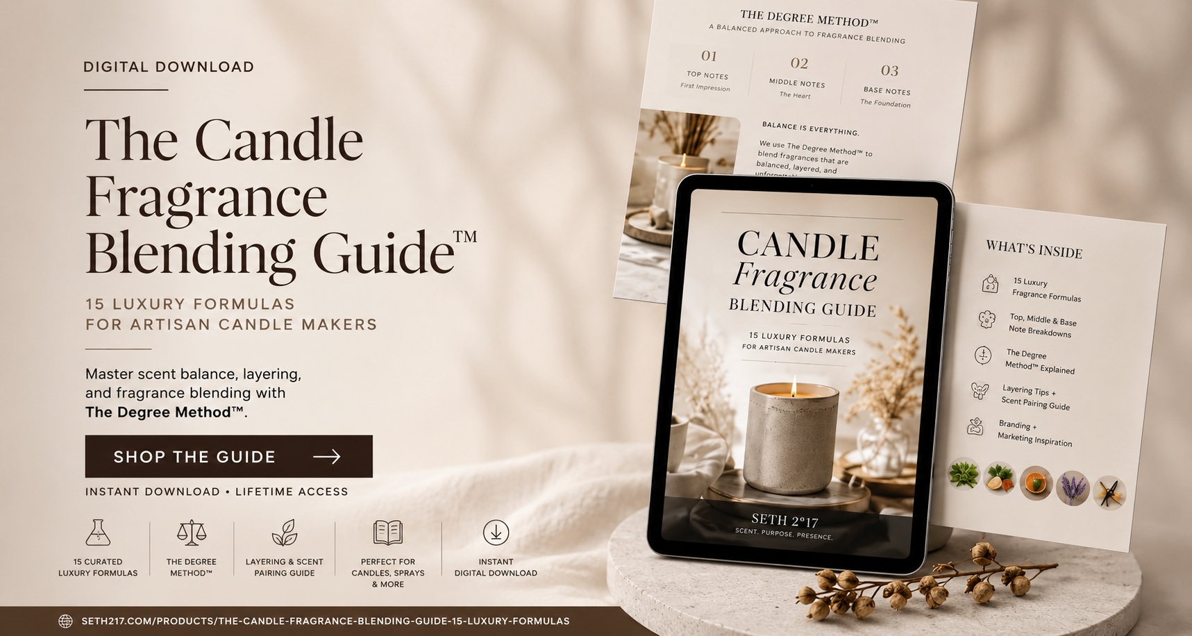 Digital download for 'Candle Fragrance Blending Guide' with tablet and printed guide on a neutral background