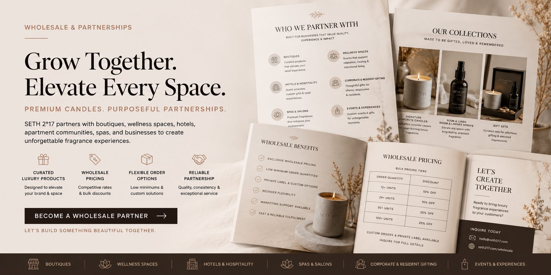 Brochure or flyer with text and images related to SETH217 wholesale partnership program.