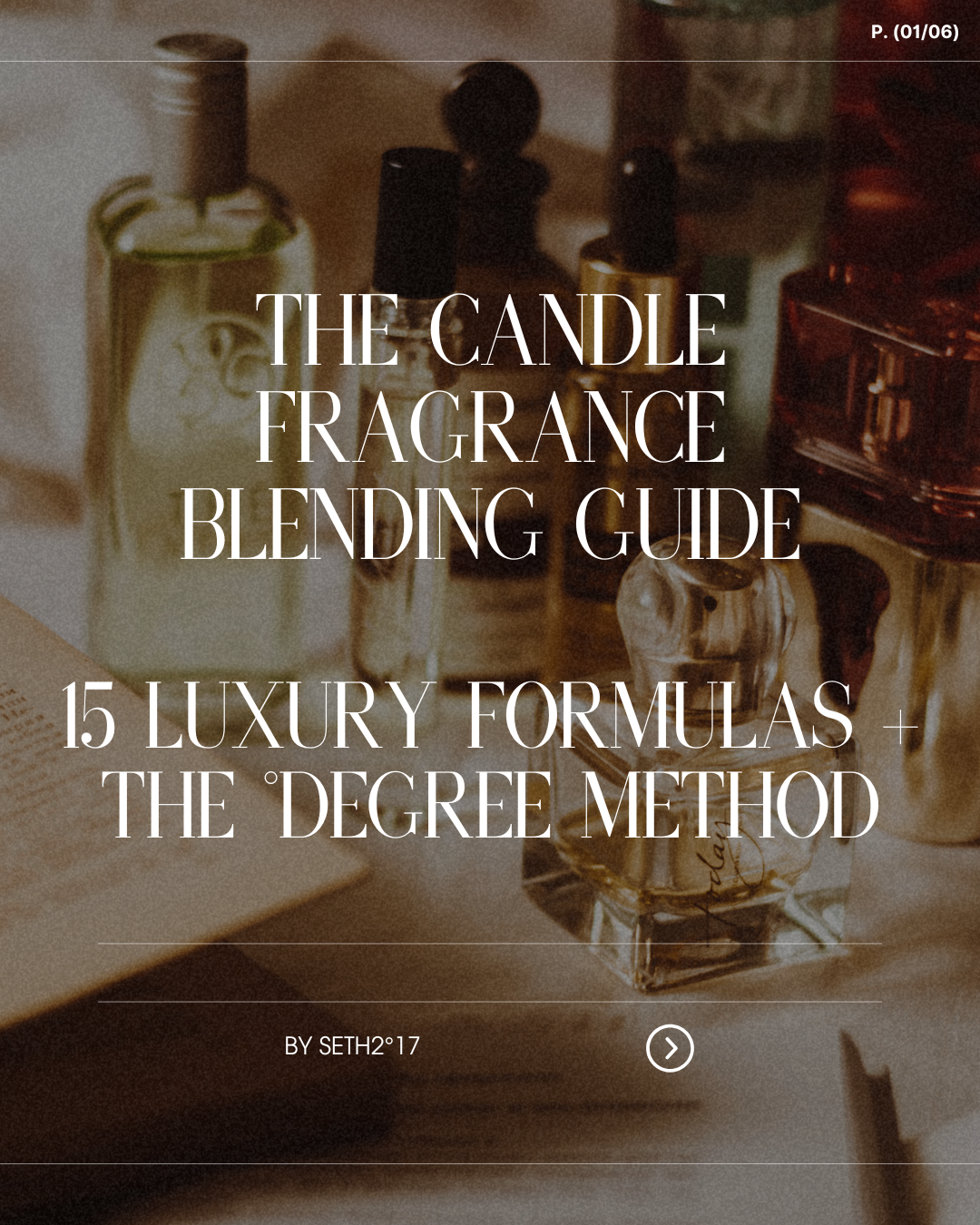Title card for 'The Candle Fragrance Blending Guide' with perfume bottles in the background.