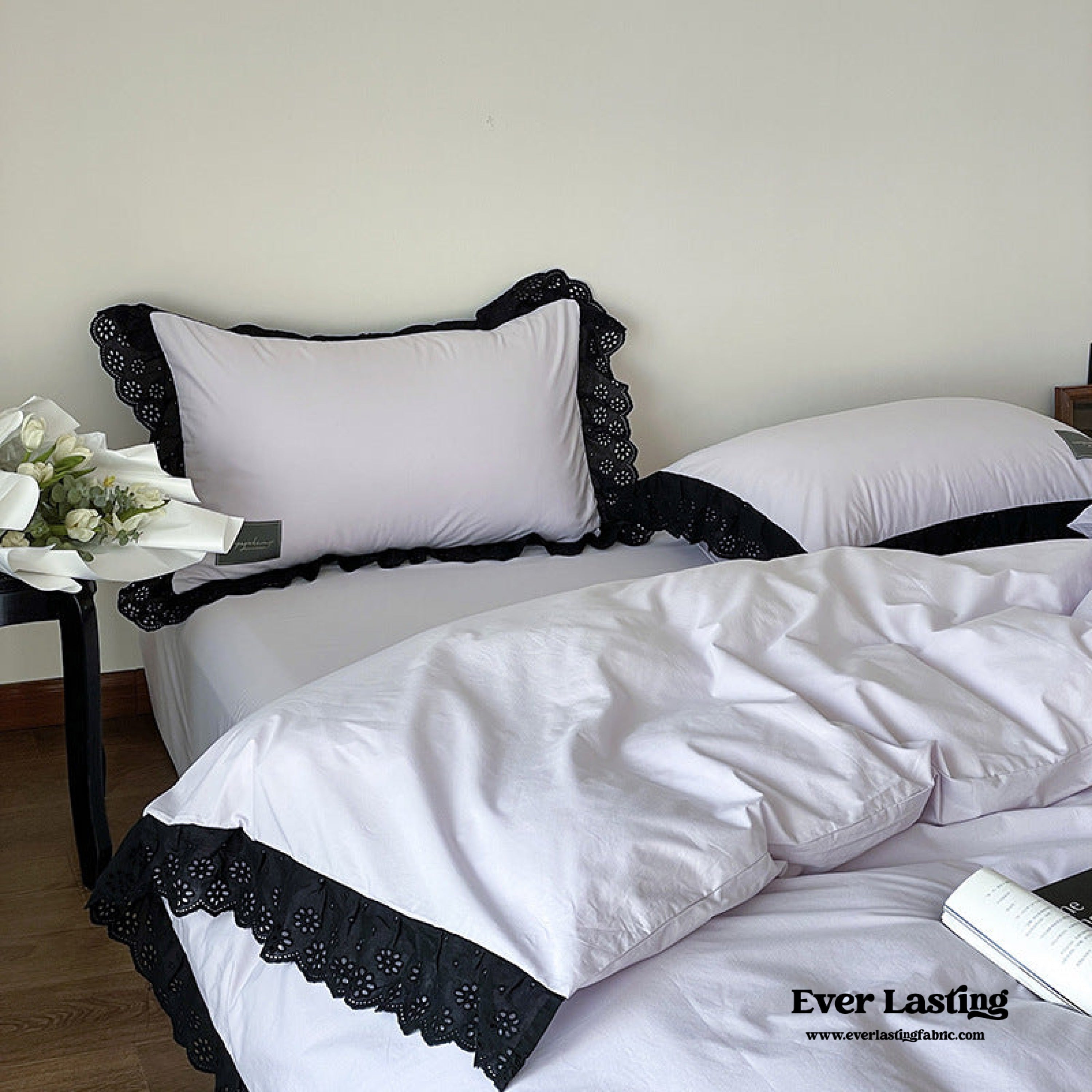 Ever Lasting° Black Lace Ruffle Bedding Set – Purple Coquette Lace Duvet Cover & Sheets