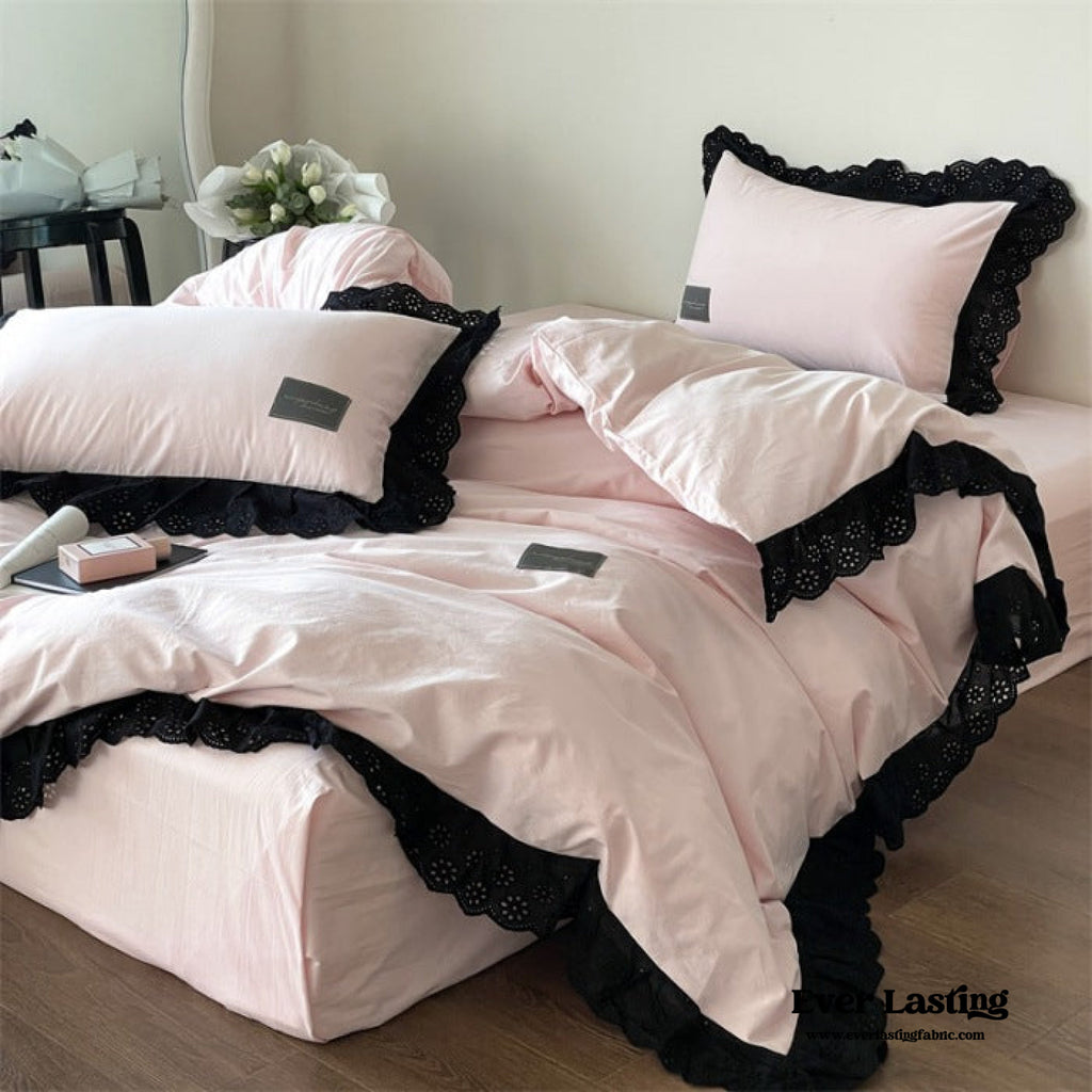 Ever Lasting° Black Lace Ruffle Bedding Set – Purple Coquette Lace Duvet Cover & Sheets