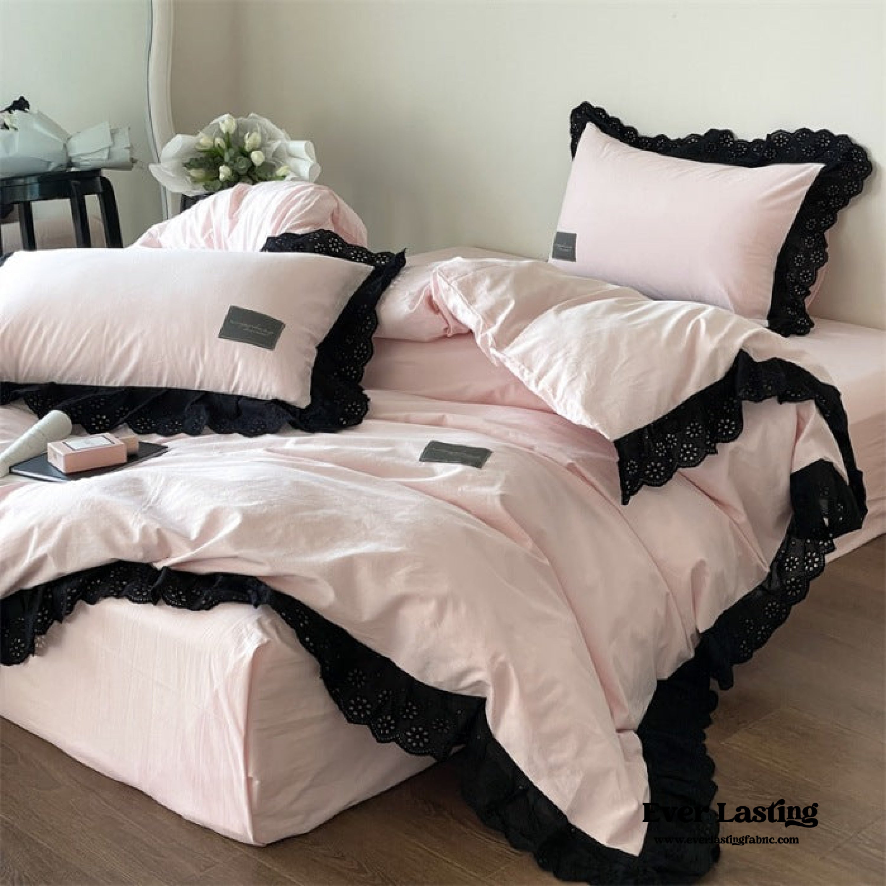 Ever Lasting° Black Lace Ruffle Bedding Set – Purple Coquette Lace Duvet Cover & Sheets