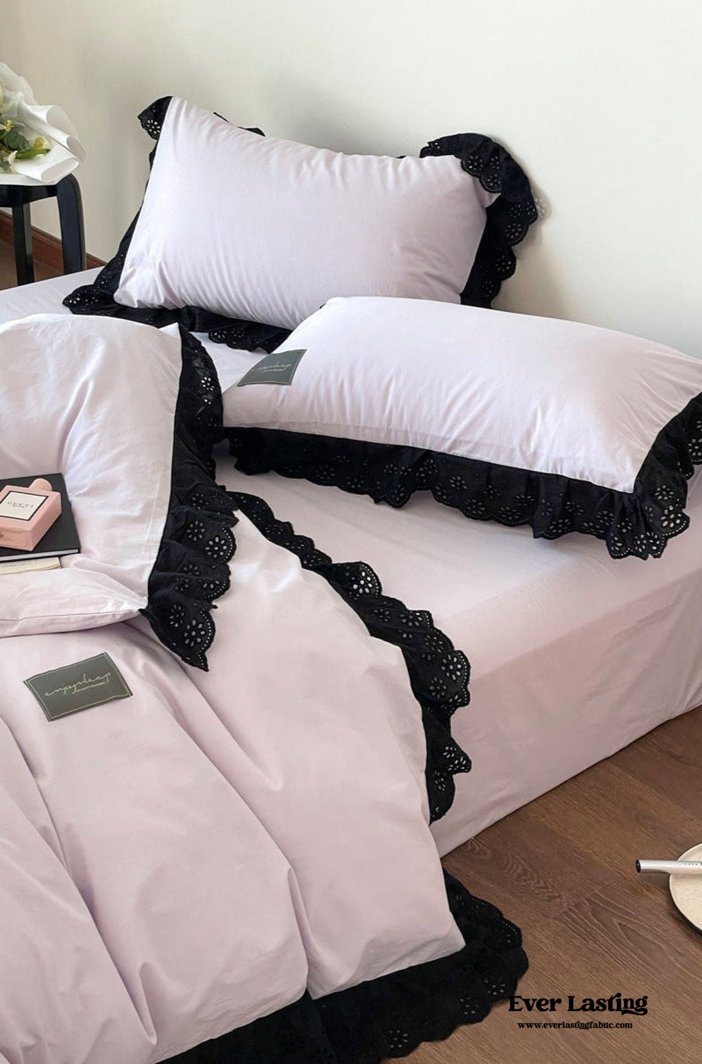 Ever Lasting° Black Lace Ruffle Bedding Set – Purple Coquette Lace Duvet Cover & Sheets