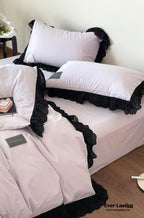 Ever Lasting° Black Lace Ruffle Bedding Set – Purple Coquette Lace Duvet Cover & Sheets