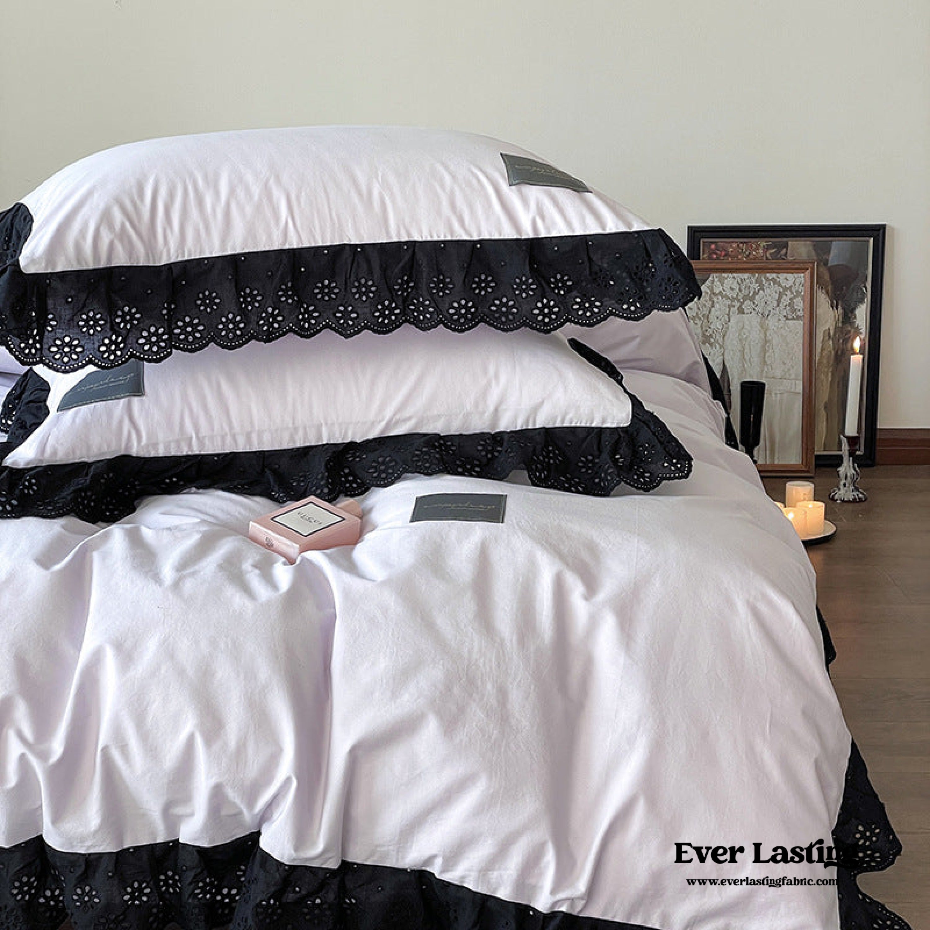 Ever Lasting° Black Lace Ruffle Bedding Set – Purple Coquette Lace Duvet Cover & Sheets
