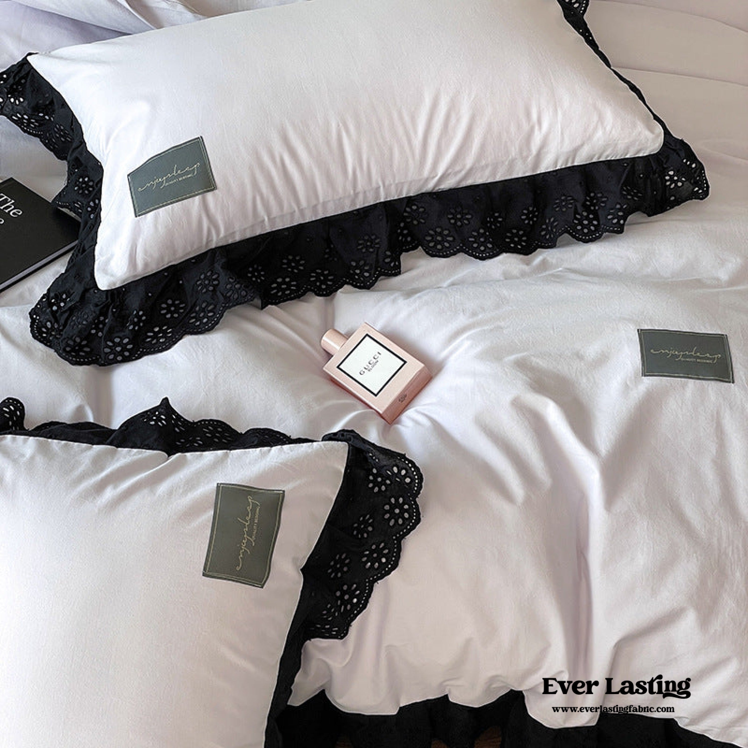 Ever Lasting° Black Lace Ruffle Bedding Set – Purple Coquette Lace Duvet Cover & Sheets