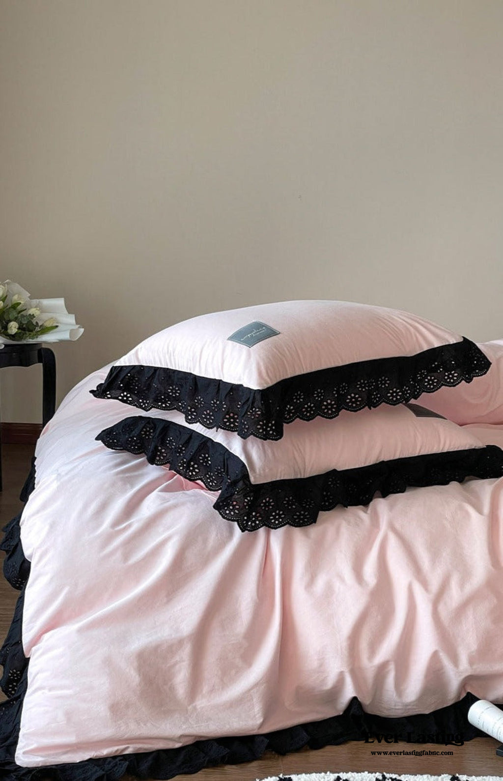 Ever Lasting° Black Lace Ruffle Bedding Set – Purple Coquette Lace Duvet Cover & Sheets