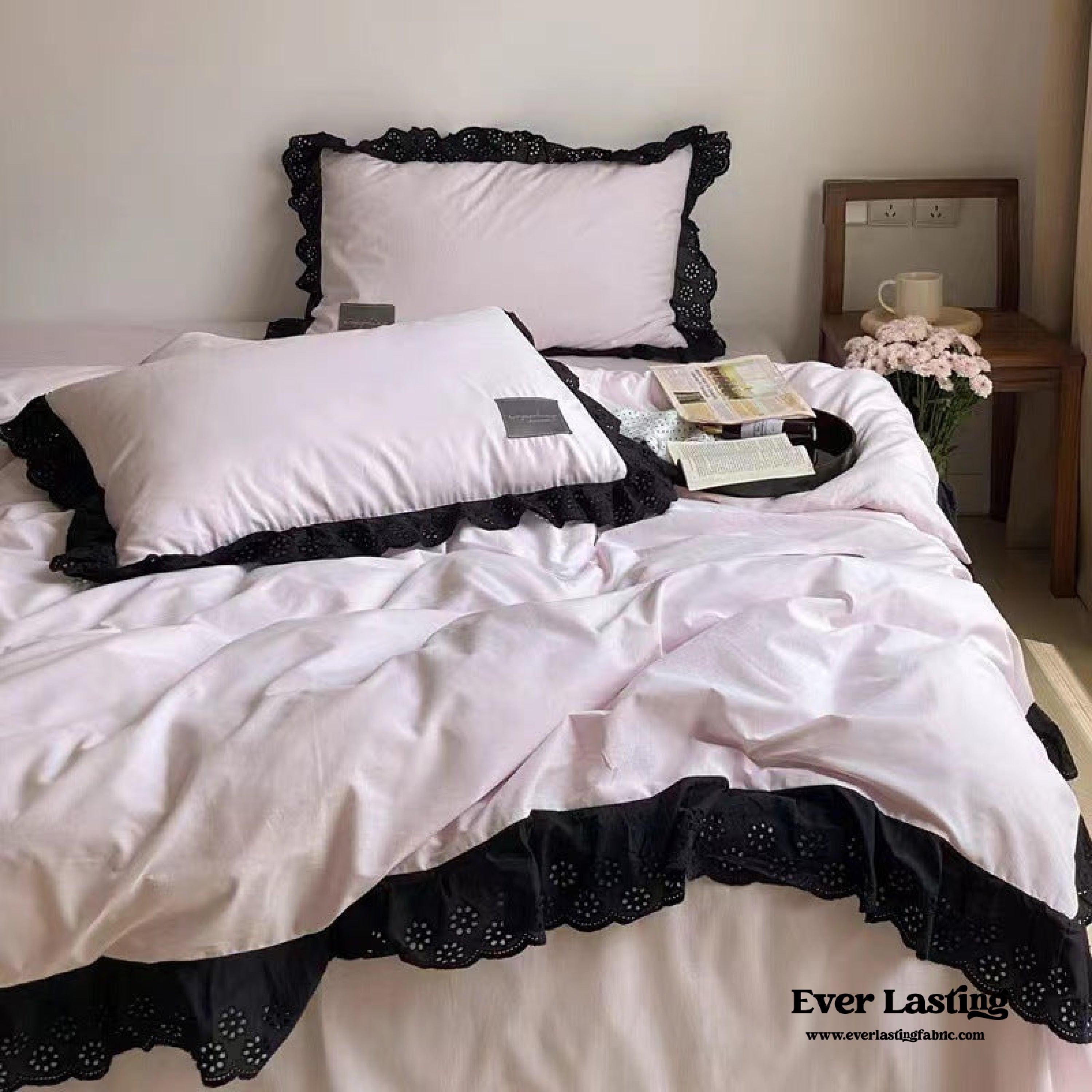 Ever Lasting° Black Lace Ruffle Bedding Set – Purple Coquette Lace Duvet Cover & Sheets