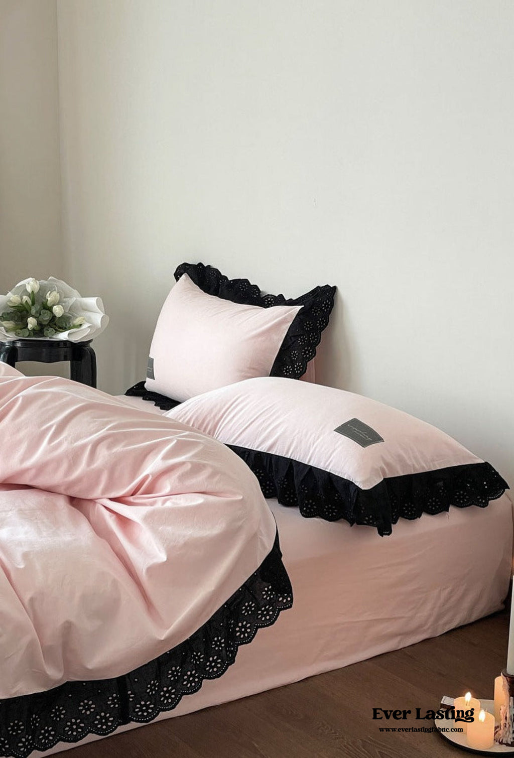 Ever Lasting° Black Lace Ruffle Bedding Set – Purple Coquette Lace Duvet Cover & Sheets
