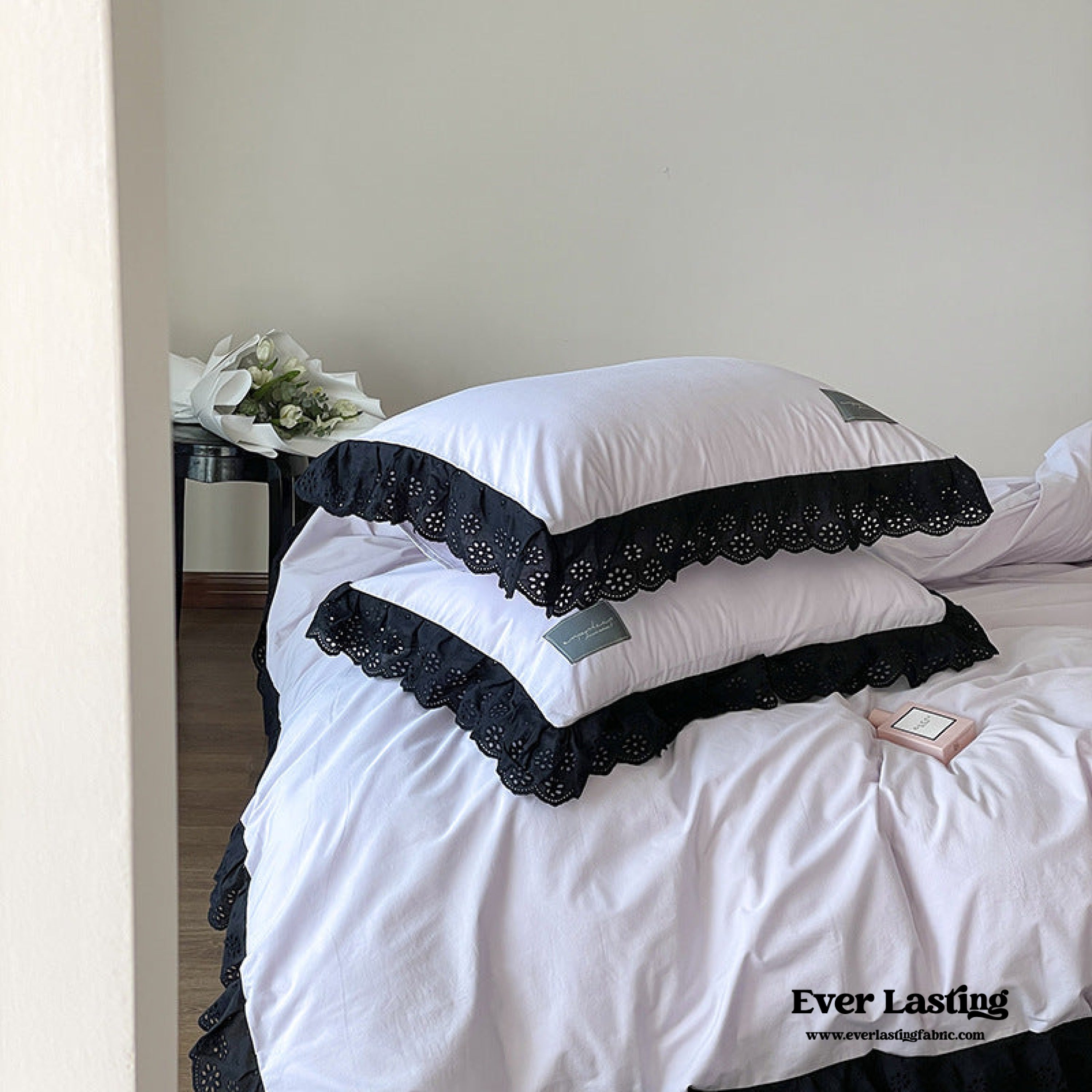 Ever Lasting° Black Lace Ruffle Bedding Set – Purple Coquette Lace Duvet Cover & Sheets