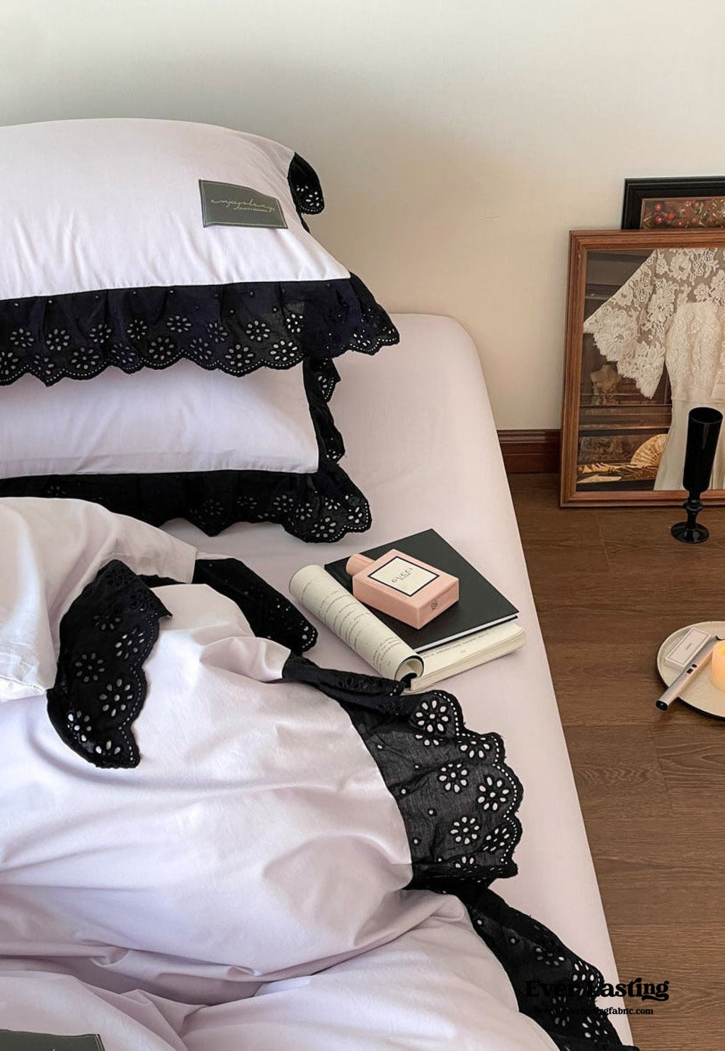 Ever Lasting° Black Lace Ruffle Bedding Set – Purple Coquette Lace Duvet Cover & Sheets