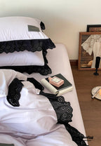 Ever Lasting° Black Lace Ruffle Bedding Set – Purple Coquette Lace Duvet Cover & Sheets