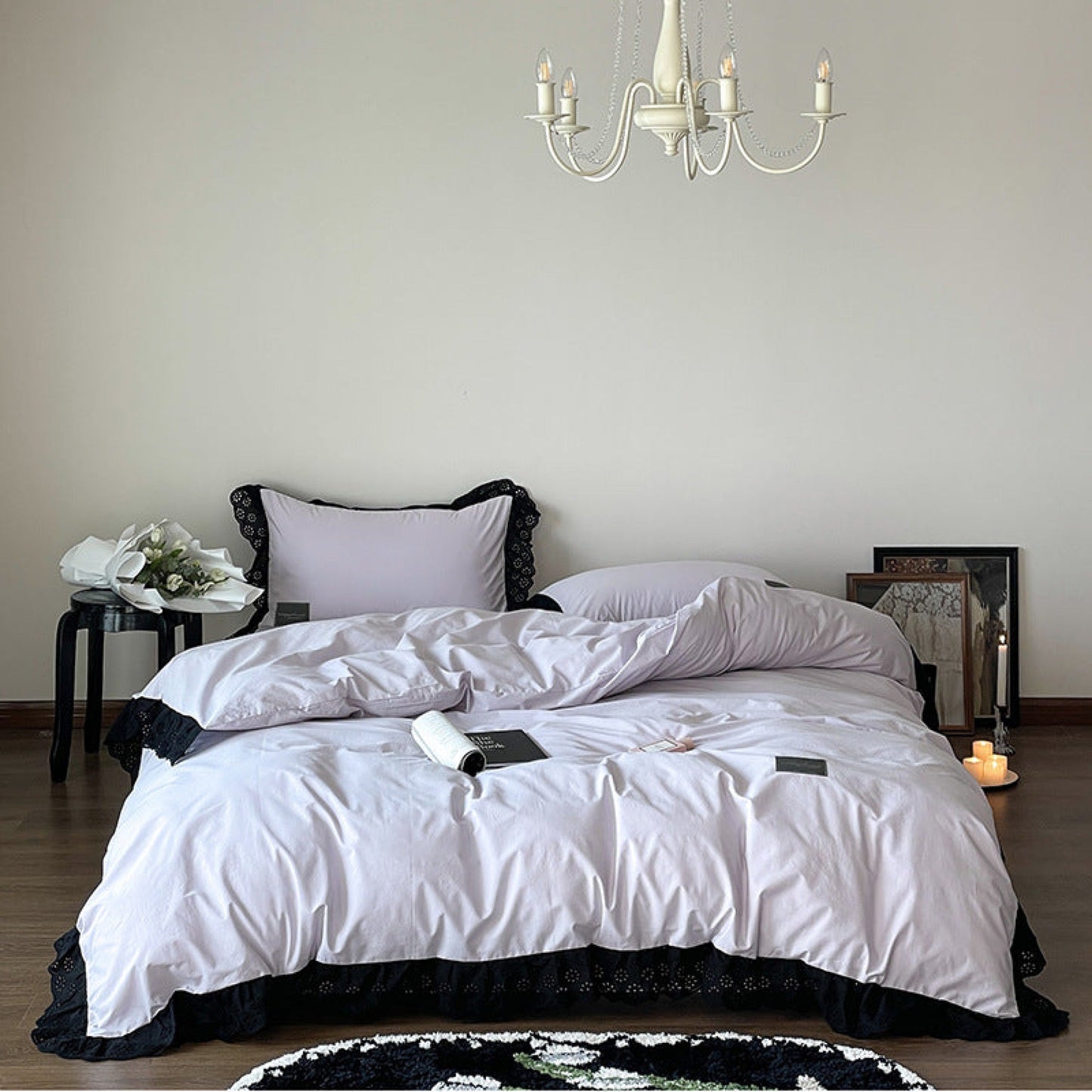 Black Lace Ruffle Bedding Set / Purple