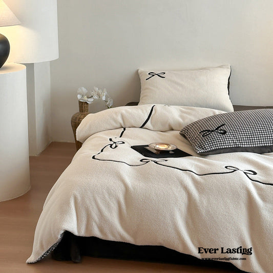 Bowknot Embroidered Plaid Velvet Bedding Set / Cream