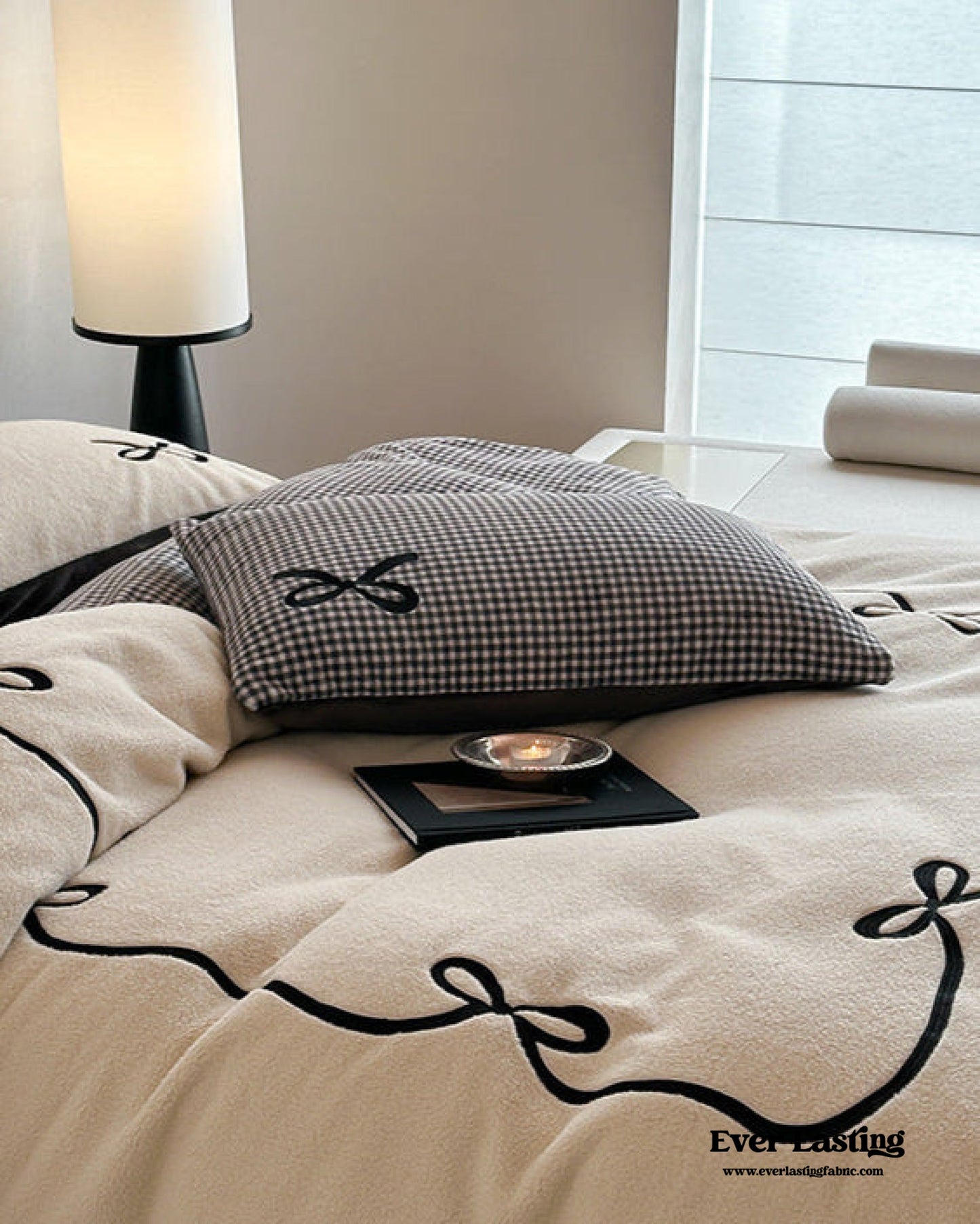 Bowknot Embroidered Plaid Velvet Bedding Set / Cream