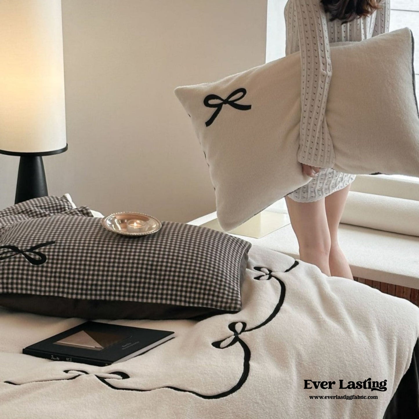 Bowknot Embroidered Plaid Velvet Bedding Set / Cream