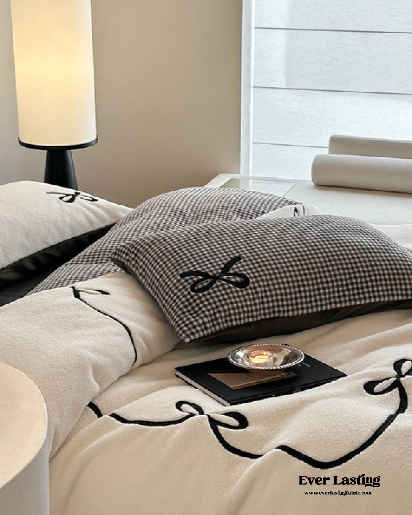 Bowknot Embroidered Plaid Velvet Bedding Set / Cream