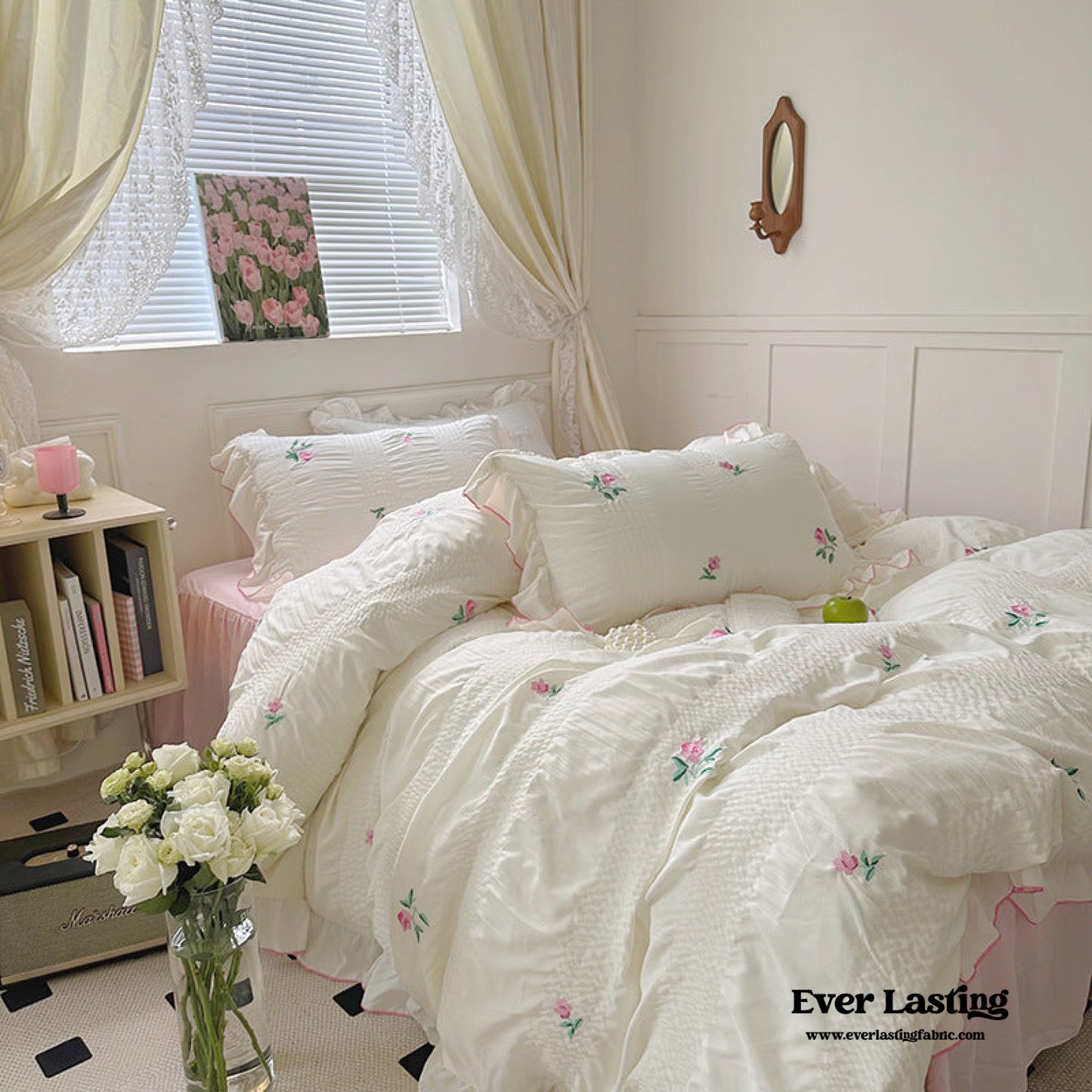 Dreamy Embroidered Ruffle Bedding Set / Ribbon