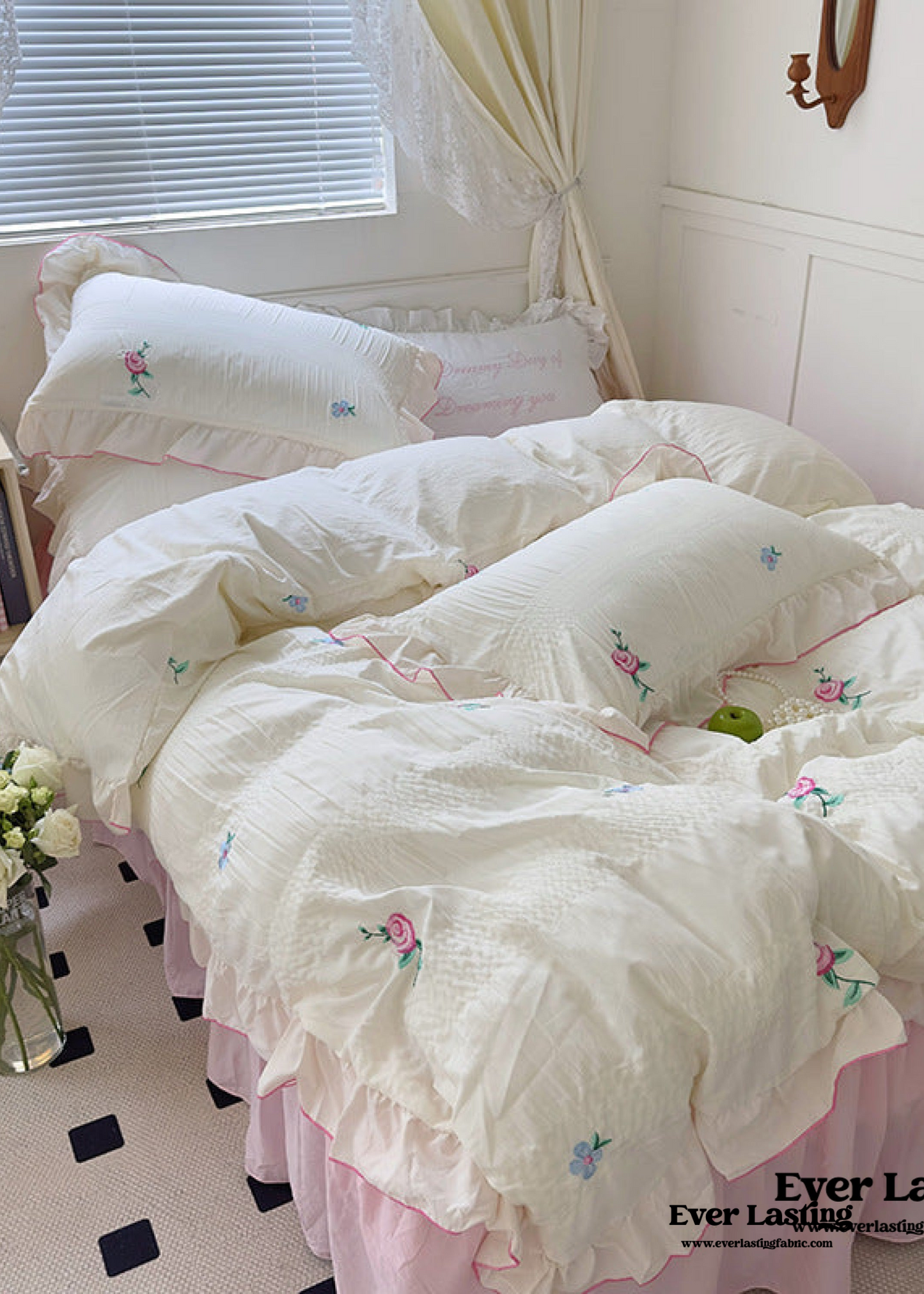 Dreamy Embroidered Ruffle Bedding Set / Ribbon