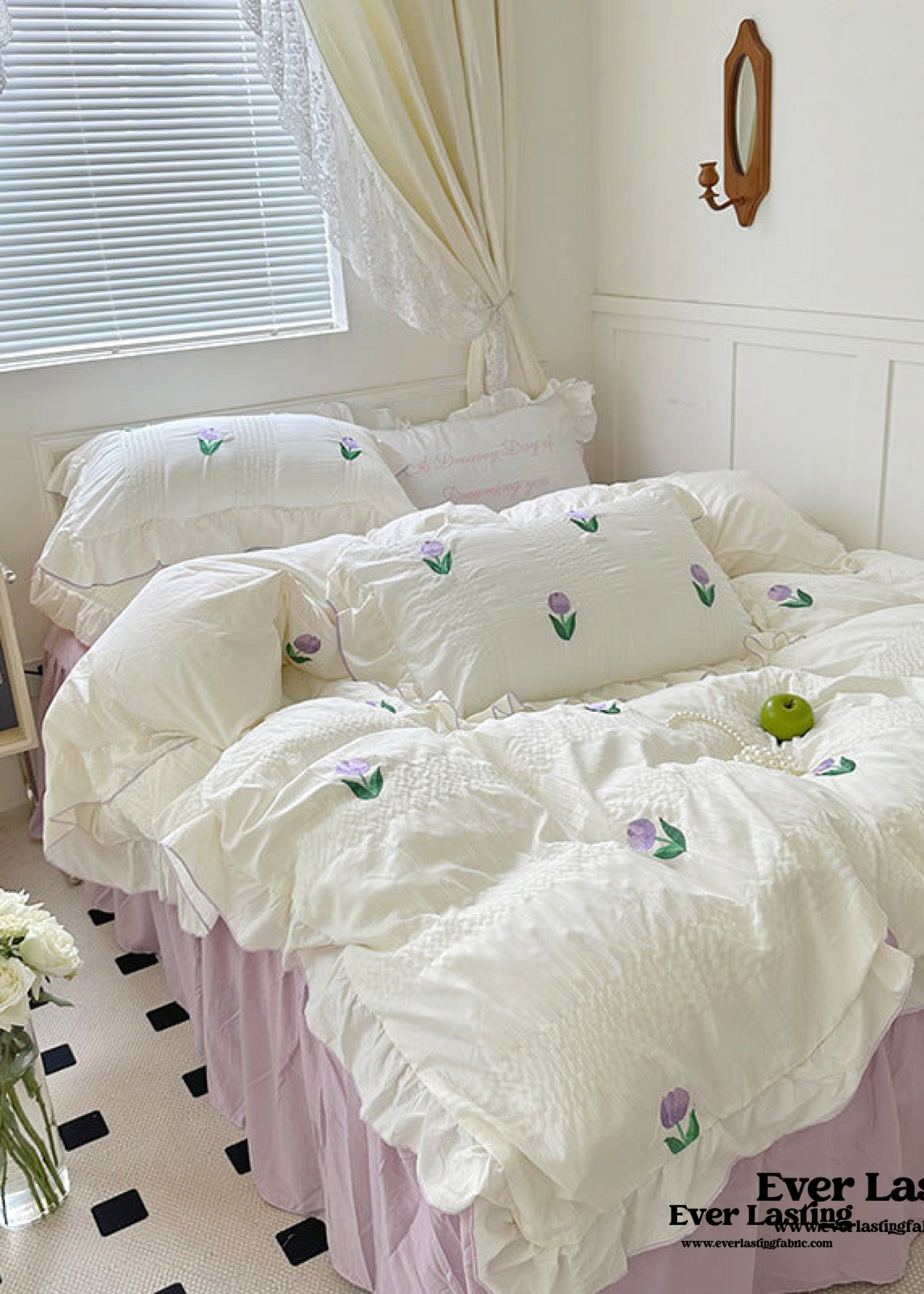 Dreamy Embroidered Ruffle Bedding Set / Ribbon